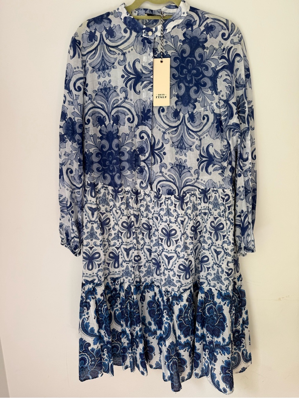 0039 Italy 100% Cotton Floral Dress Large NWT Custom Fabric Pockets Lined Skirt